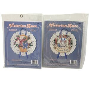 1989 Dimensions Stitchables Victorian Lace Kit Paper NEW 2 Sets Ribbon & Cats